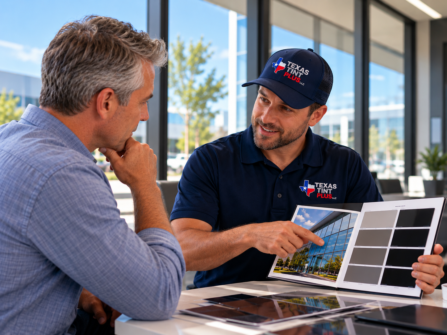 Window film expert advising a customer