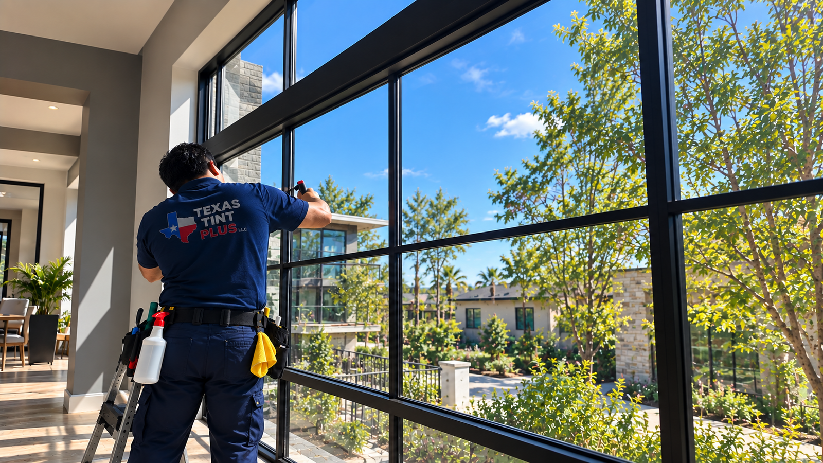 Technician working on large commercial windows